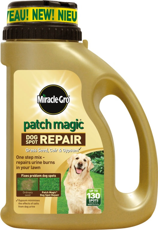 Miracle-Gro Patch Magic Dog Spot Repair container with a yellow label and black lid.
