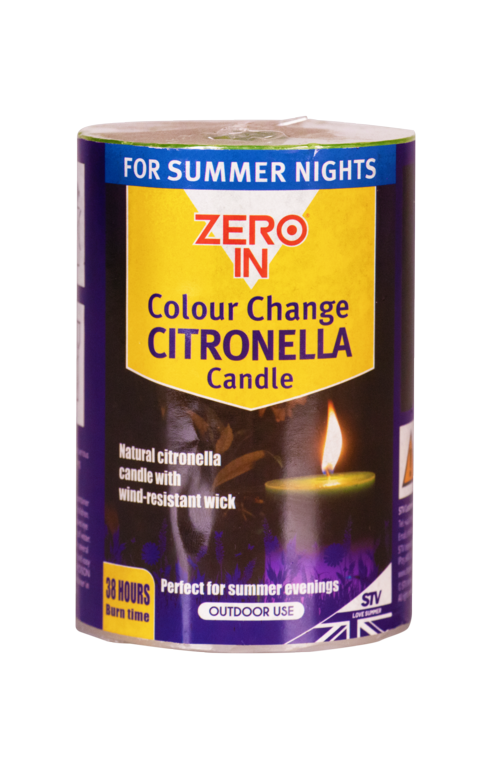 Zero In Colour Change Citronella Candle packaging on a white background