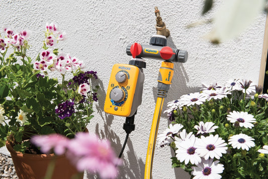Gardening tools including a hose and pressure washer against a white wall with plants.
