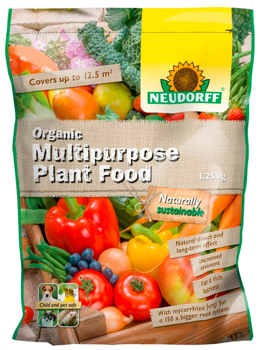 Neudorff Organic Multipurpose Plant Food packaging with vegetables and fruits on a green background
