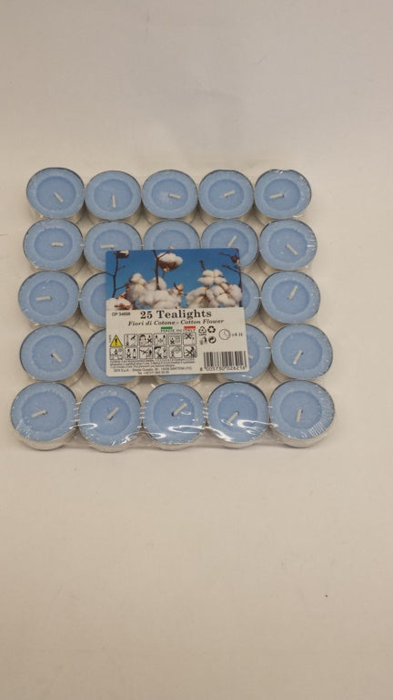 Pack of blue tea lights with a label on a white background