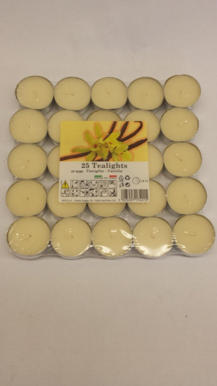 Pack of 25 tealights with a visible brand label on a light gray background