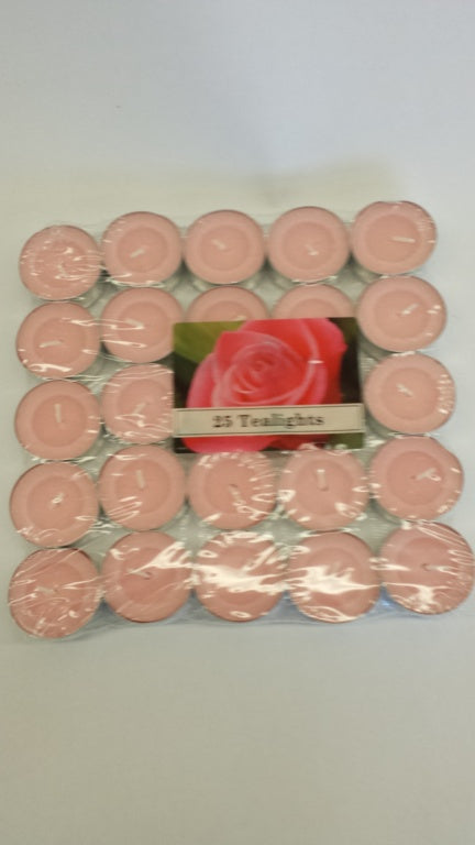 Pack of 25 pink tealights with a rose image on a white background