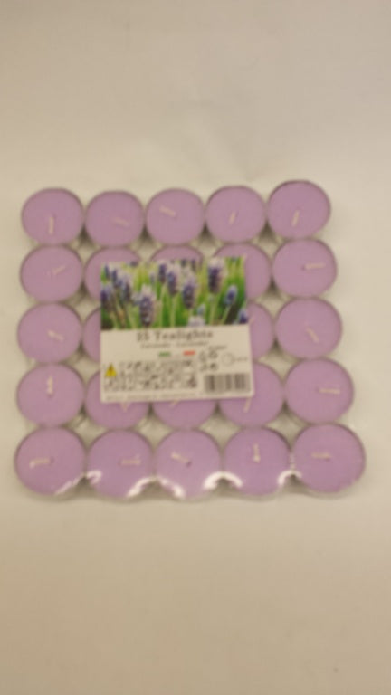 Pack of purple tealights with a label on a light gray background