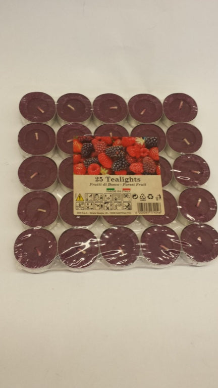 Pack of 25 purple tealights with a label on a white background