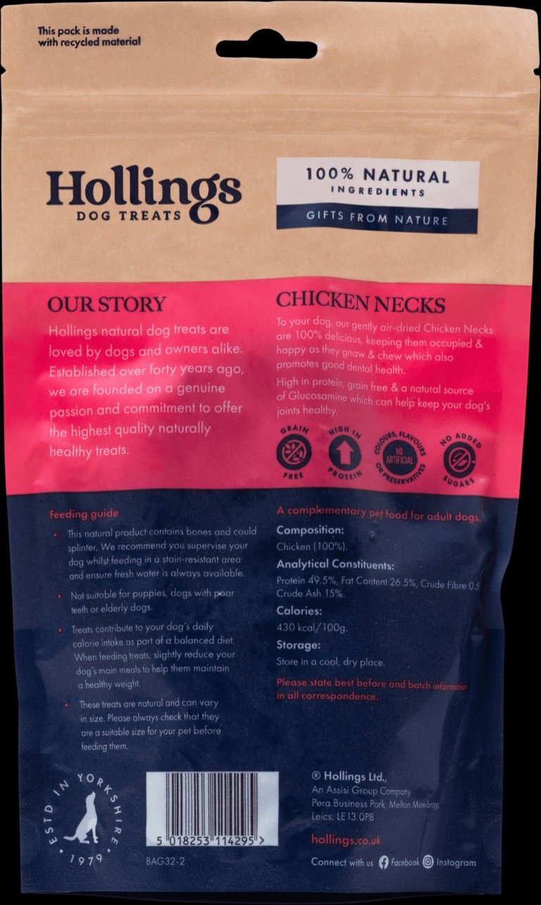 Hollings 100% Natural Chicken Necks 120g on a black background