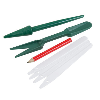 Set of garden tools including two green trowels and a red pencil on a white background