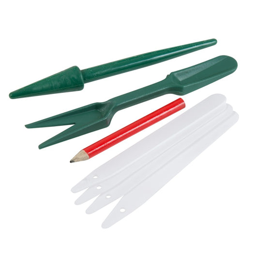 Set of garden tools including two green trowels and a red pencil on a white background
