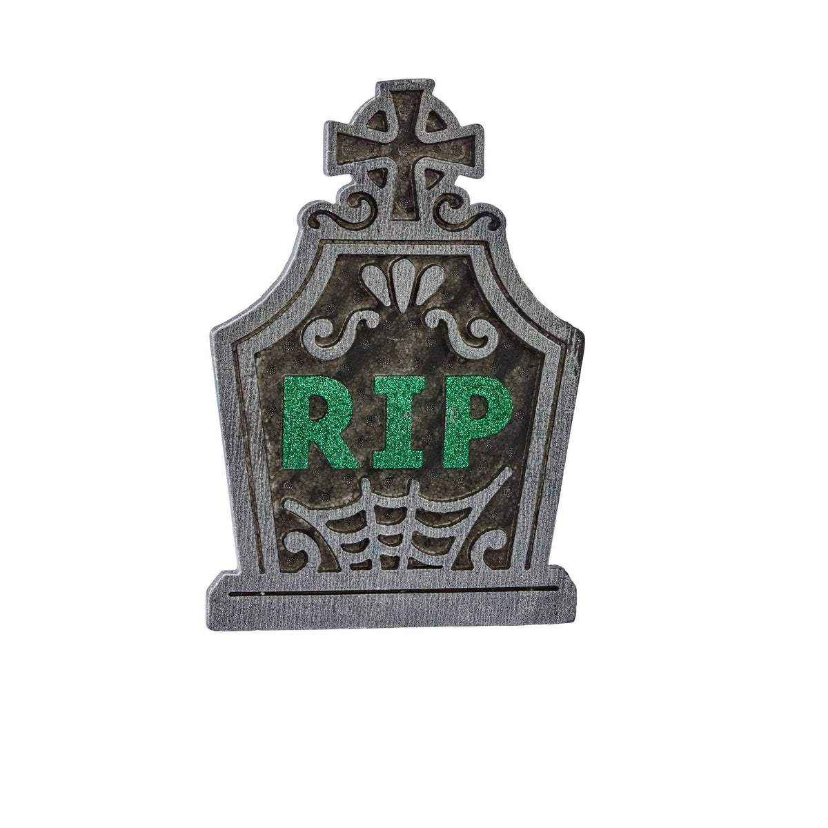 A Halloween tombstone decoration with a weathered gray stone texture, featuring 'RIP' in glittery green letters and a spiderweb design at the bottom, isolated on a white background.