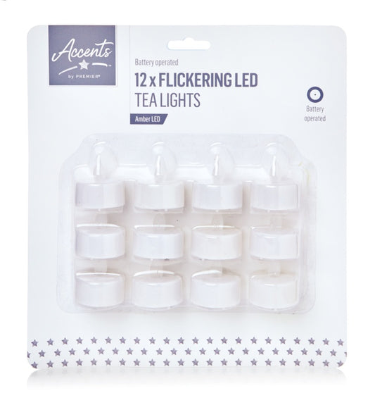 Packaging of 12 flickering LED tea lights with 'Accents' branding.