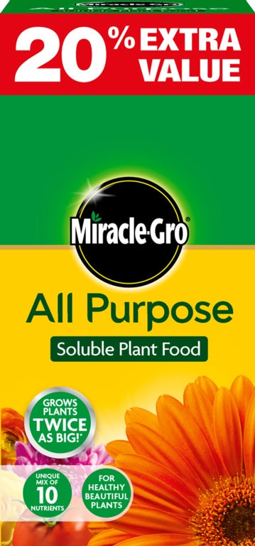 Miracle-Gro All Purpose Soluble Plant Food packaging with a flower and promotional text.