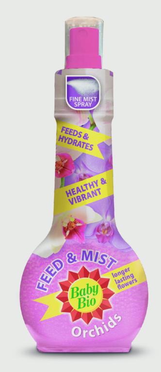 Baby Bio Orchids plant food spray bottle on a light gray background