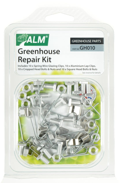 Greenhouse repair kit packaging with various hardware components on a white background