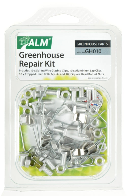 Greenhouse repair kit packaging with various hardware components on a white background
