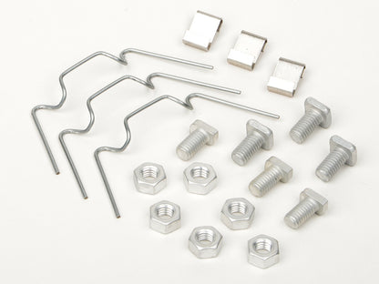 Set of metal hardware components including bolts, nuts, and brackets on a white background