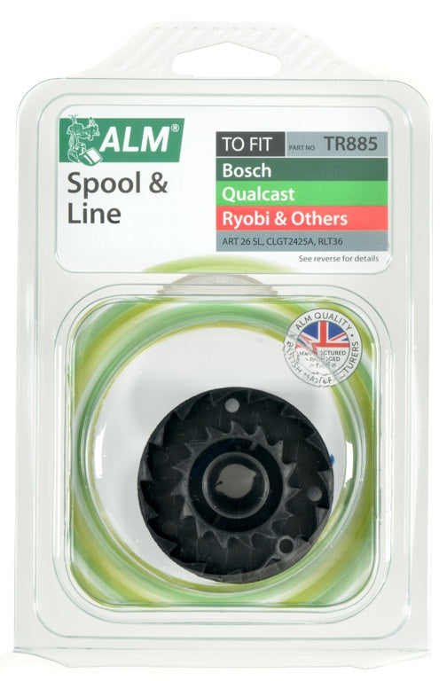 Spool and line packaging for ALM brand, compatible with various brands including Bosch and Ryobi.