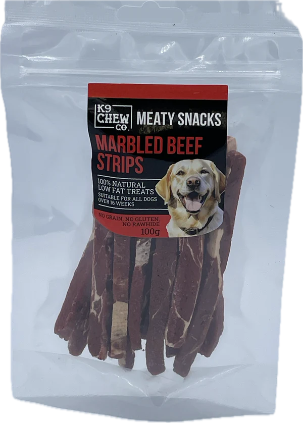 K9 Chew Co Meaty Snacks Marbled Beef Strips packaging with a dog on the label.