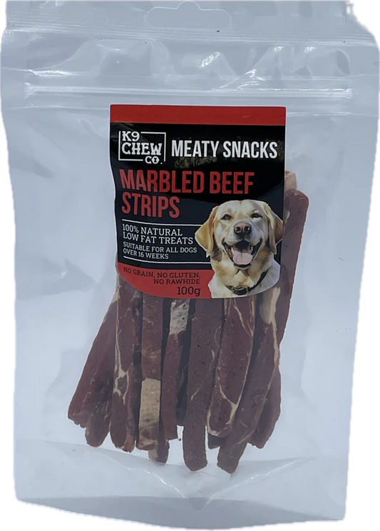 K9 Chew Co Meaty Snacks Marbled Beef Strips packaging with a dog on the label.