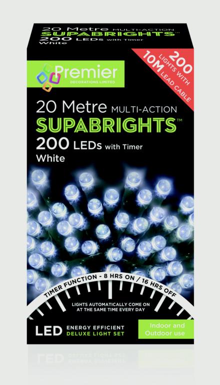 Box of Premier Supabrights LED string lights with packaging details.
