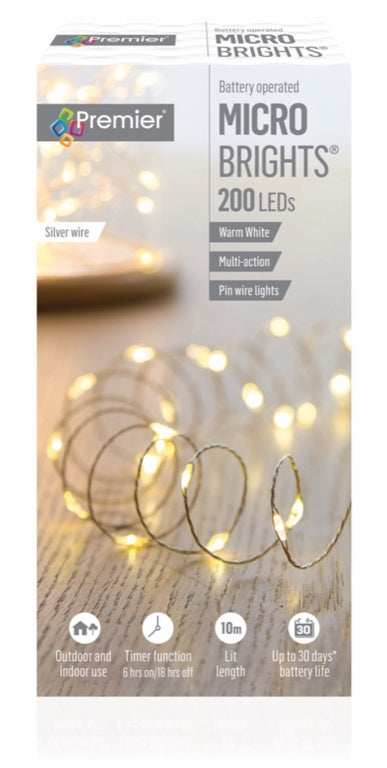 Box of Premier Micro Brights LED string lights with packaging details.