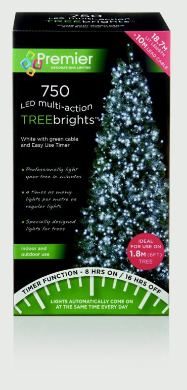 Box of Premier LED Treebrights with a Christmas tree illustration on a white background