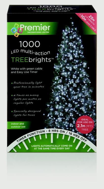 Box of Premier LED TreeBrights with a Christmas tree illustration on a white background