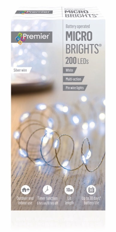 Box of Premier Micro Brights LED string lights on a wooden surface