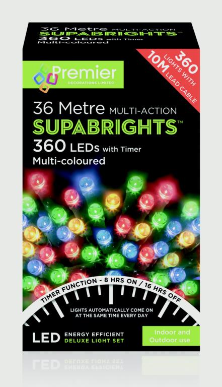 Box of Premier Supabrights LED lights with colorful lights on a white background