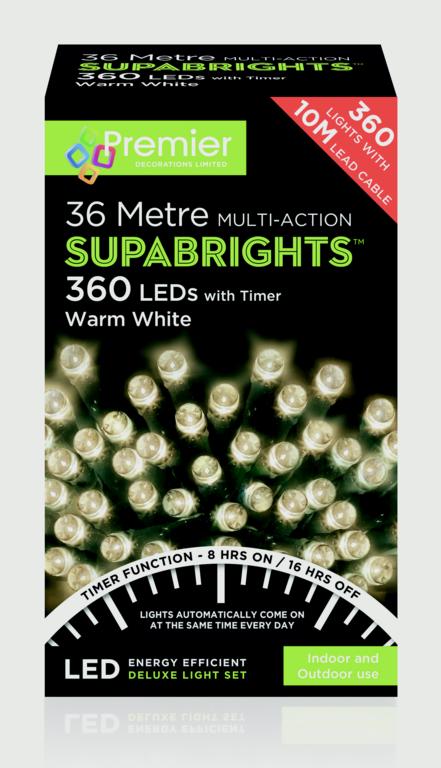 Box of Premier Supabrights LED lights with timer on a white background