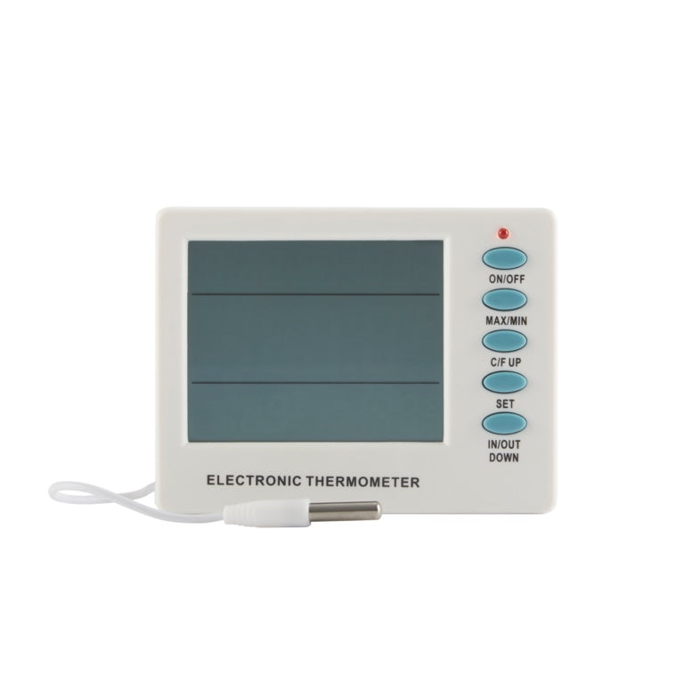 Electronic thermometer with digital display on a white background