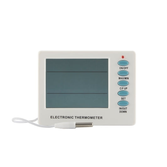 Electronic thermometer with digital display on a white background