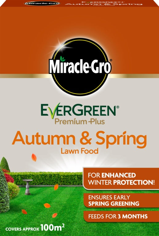 Box of Miracle-Gro EverGreen Autumn & Spring Lawn Food with garden scene on background