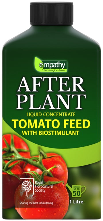 Bottle of 'After Plant' tomato feed with biostimulant on a green background
