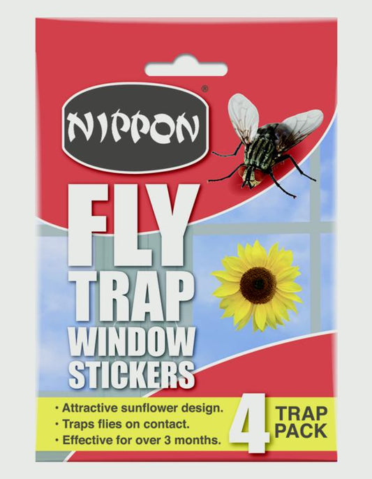 Nippon fly trap window stickers packaging with a fly and sunflower design on a red background.