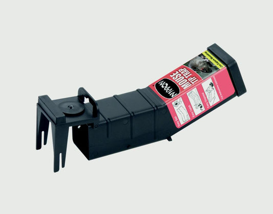 Black plastic component with a red label on a gray background