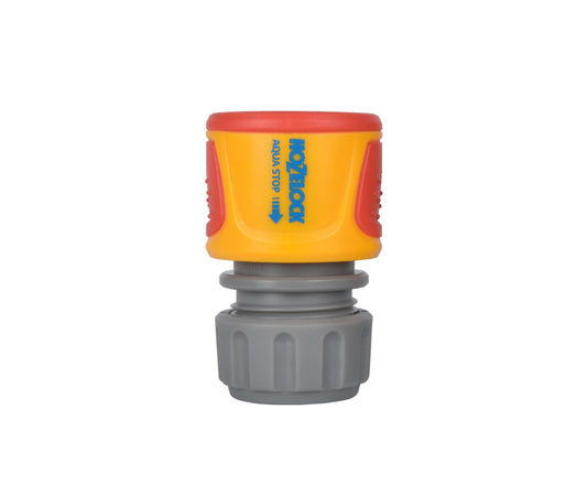 Garden hose fitting with red and yellow design on a white background