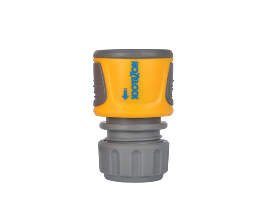Garden hose connector with yellow and gray design on a white background