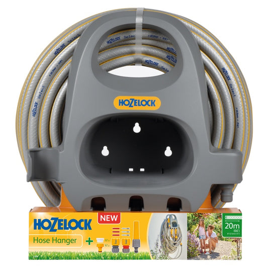 Hozelock Select Hose Hanger with 20m 66ft garden hose and fittings | Wall mounted grey hose storage unit UK