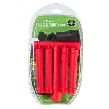 Packaged adjustable feed and weed bar with red nozzles and black connectors on a white background.