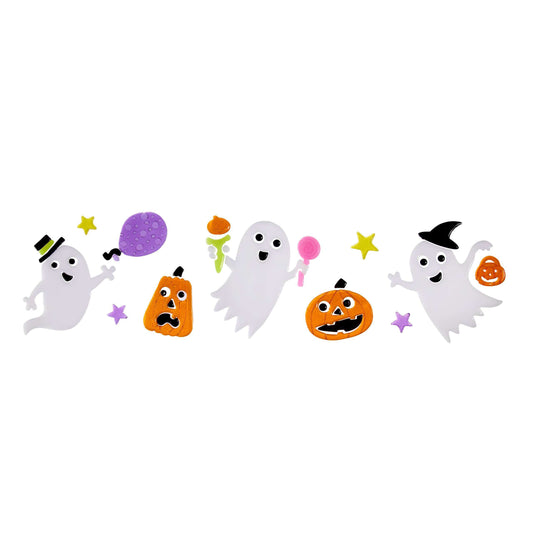 Halloween-themed felt wall decals featuring cute cartoon ghosts, jack-o'-lanterns, a witch hat, stars, and a purple balloon, arranged in a horizontal line on a white background.