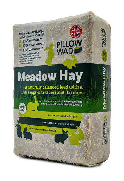 Bag of Meadow Hay with branding and product details on a white background