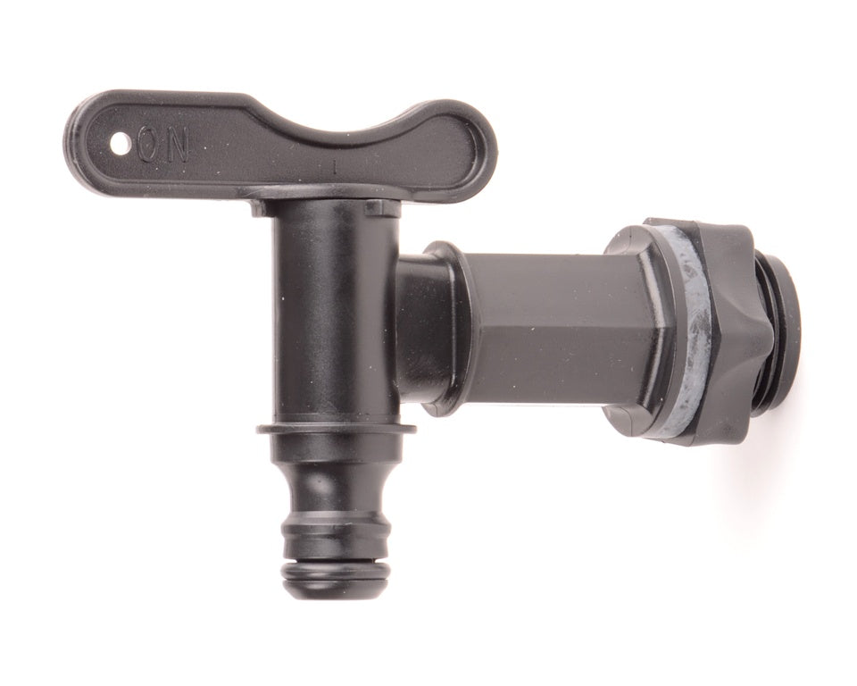 Black plastic valve with a handle on a white background