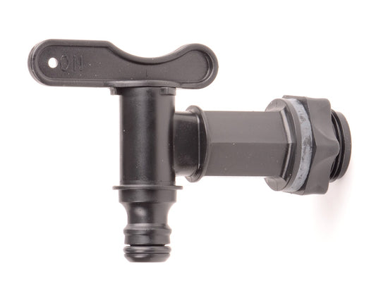Black plastic valve with a handle on a white background