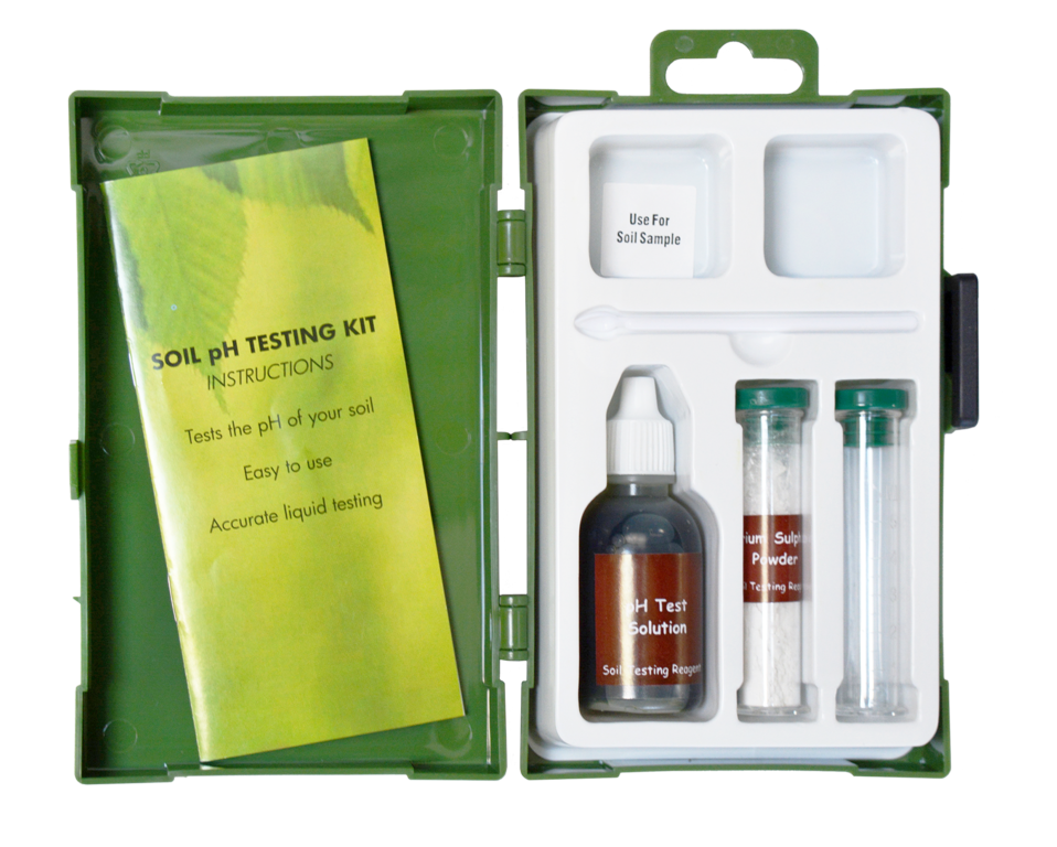 Soil pH testing kit with green case and instructions on a white background