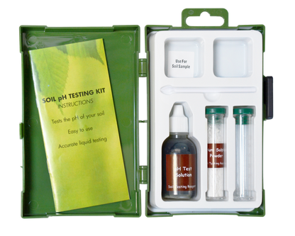 Soil pH testing kit with green case and instructions on a white background
