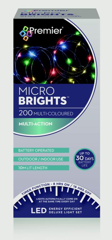 Box of Premier Micro Brights LED string lights with colorful design on a white background