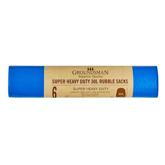 Roll of blue super heavy-duty rubble sacks with Groundsman branding on a white background
