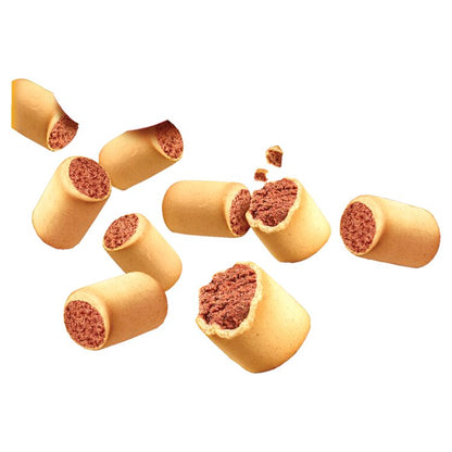 Dried dog food pieces on a white background