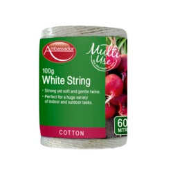 Roll of white string with a green label on a white background
