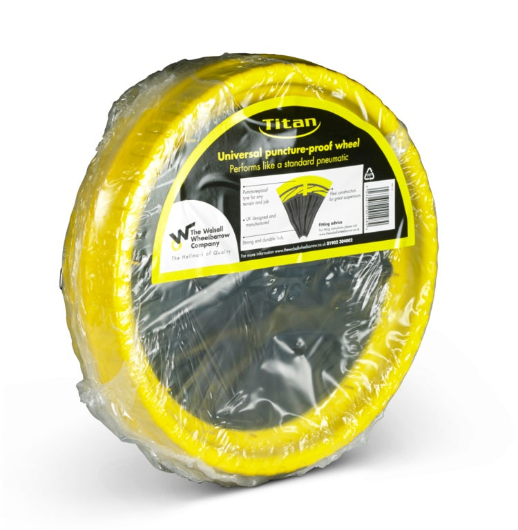 Titan Universal puncture-proof wheelbarrow wheel | Yellow solid rubber wheel for garden and building work UK